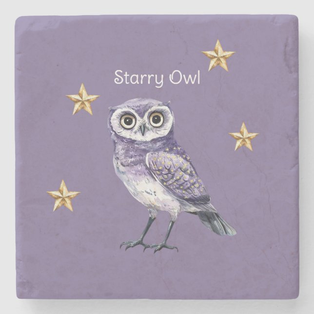 Purple Owl Gold Stars Stone Coaster (Front)