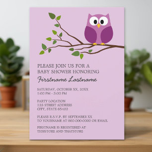 Purple Owl on Branch Baby Girl Shower Invitation