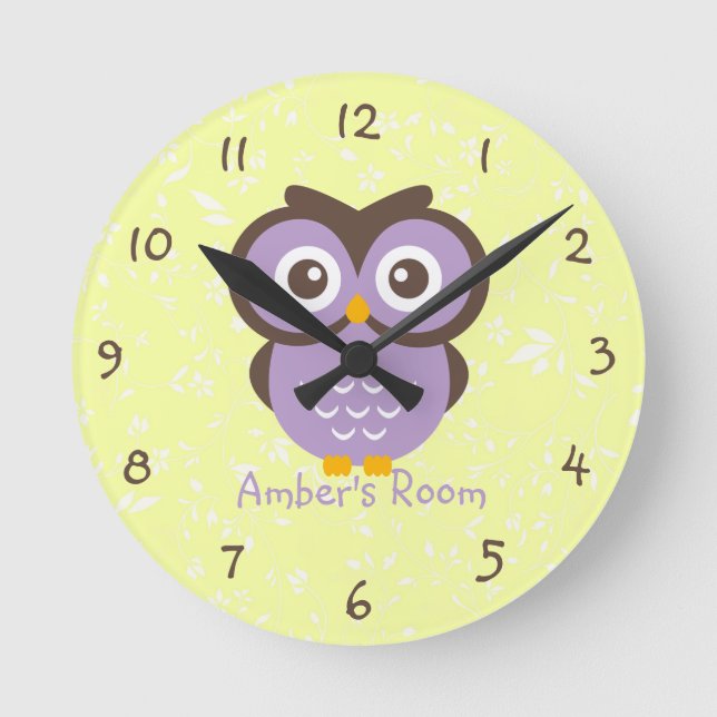 Purple Owl Personalised Kids Bedroom Round Clock (Front)