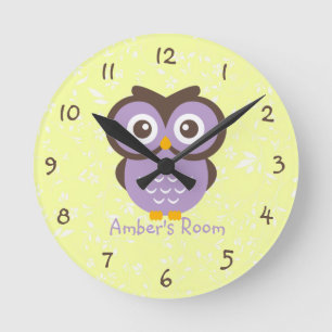 Purple Owl Personalised Kids Bedroom Round Clock