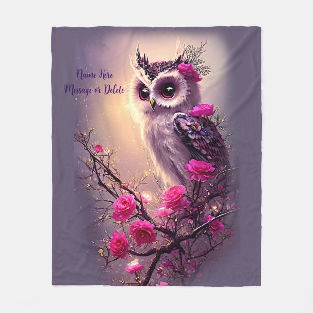 Purple Owl & Pink Flowers Fleece Blanket (Front)