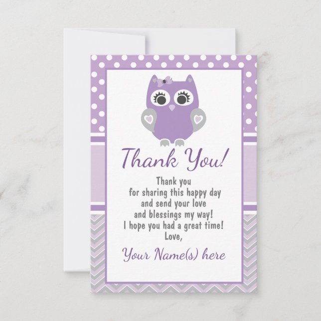 Purple OWL thank you card baby shower, birthday (Front)
