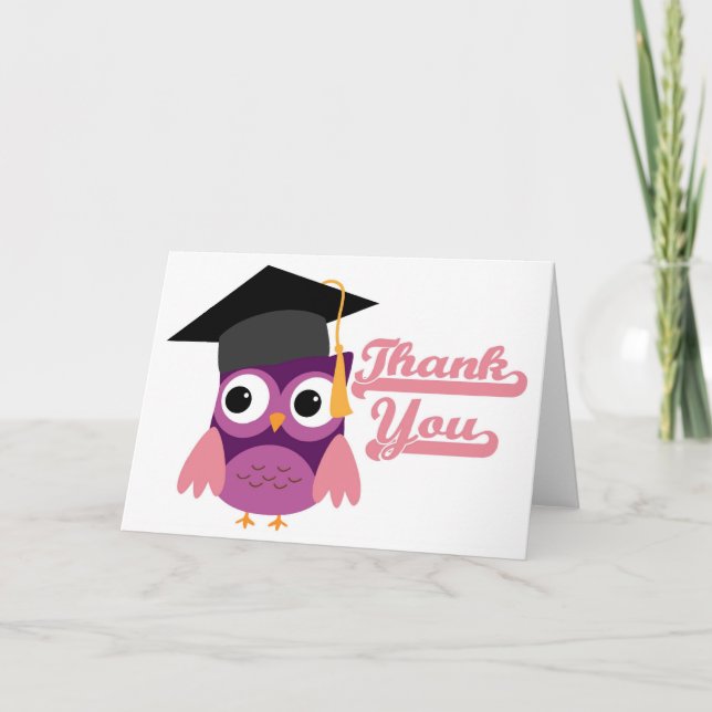 Purple Owl with Graduation Cap Thank You Card (Front)