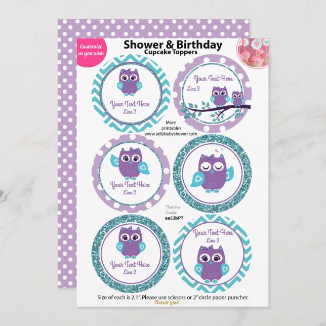 Purple Owl with Teal Cupcake Toppers, Baby Shower Invitation (Front/Back)