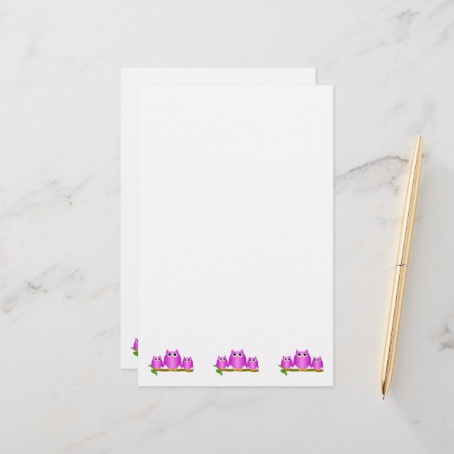 Purple Owls Design Stationery (Front/Back In Situ)