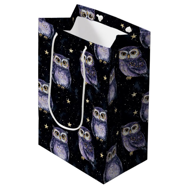 Purple Owls Magic Stars Birthday Medium Gift Bag (Front Angled)