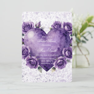 Purple Paint Heart and Roses Bridal Shower Invitation