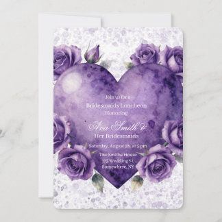 Purple Paint Heart and Roses Bridesmaids Luncheon Invitation
