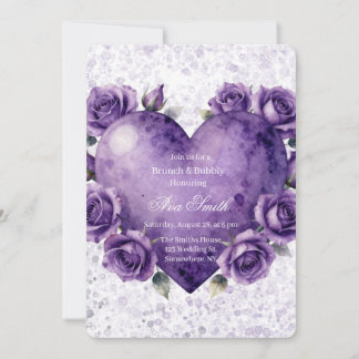 Purple Paint Heart and Roses Brunch & Bubbly Invitation