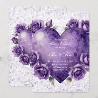 Purple Paint Heart and Roses Wedding Celebration Invitation