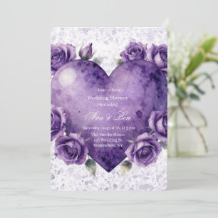 Purple Paint Heart and Roses Wedding Shower Invitation