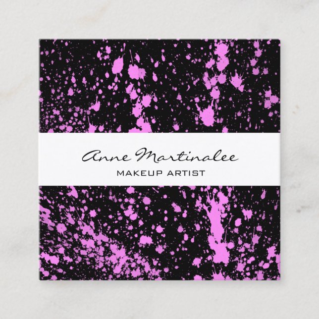 Purple Paint Splatter on Black Square Business Card (Front)