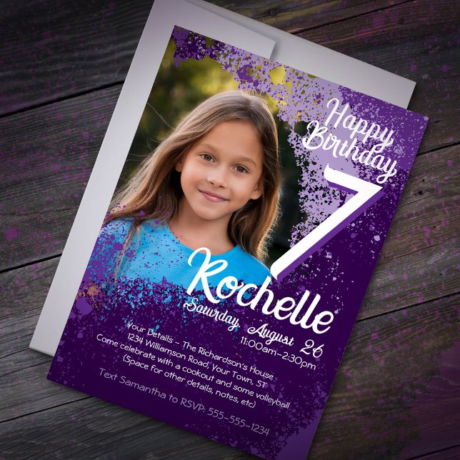 Purple Paint Splatter Photo 7th Birthday Invite (Creator Uploaded)