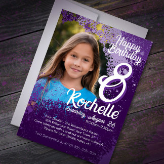 Purple Paint Splatter Photo 8th Birthday Invite