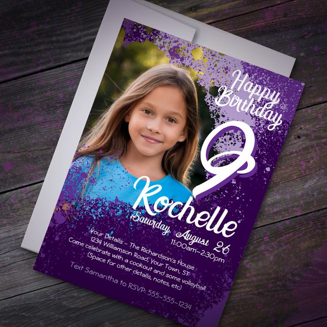 Purple Paint Splatter Photo 9th Birthday Invite (Creator Uploaded)