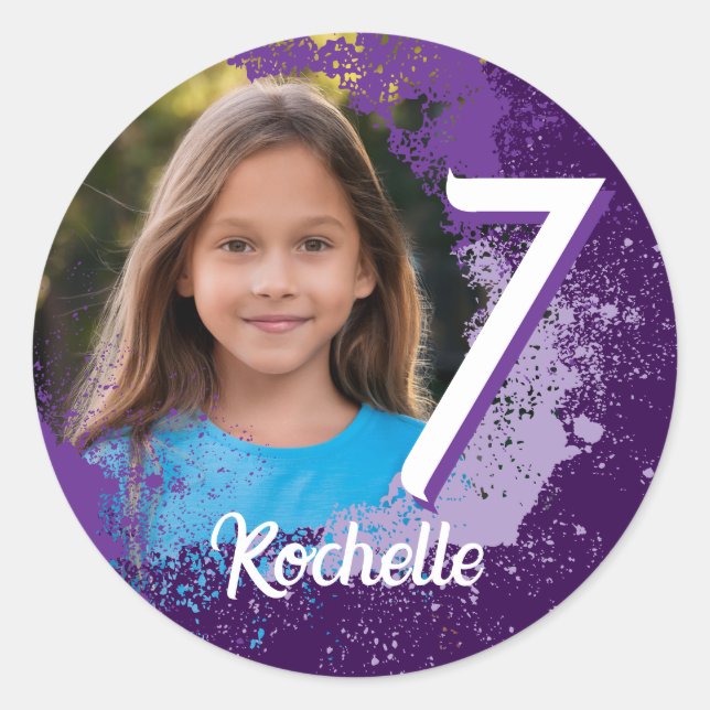 Purple Paint Splatter Photo Sticker - Age 7 (Front)