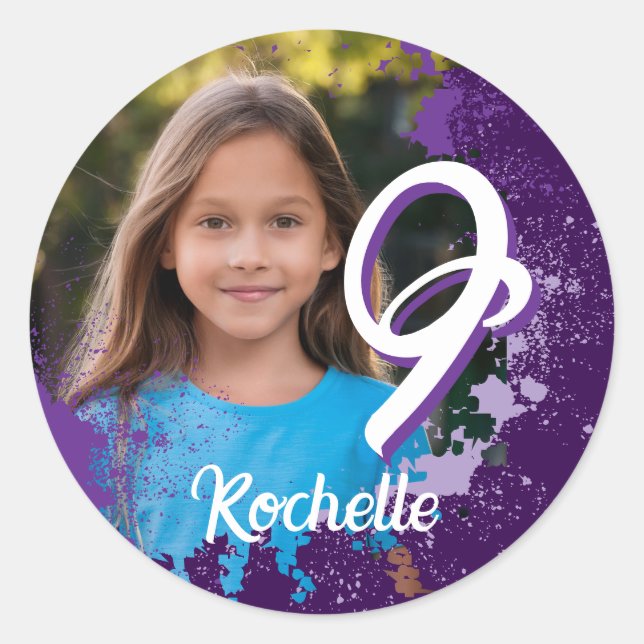 Purple Paint Splatter Photo Sticker - Age 9 (Front)