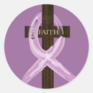 Purple Painted Cancer Ribbon on Cross Classic Round Sticker
