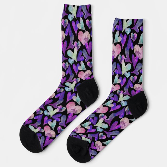 Purple Painted Hearts on Black Cute Socks (Left)