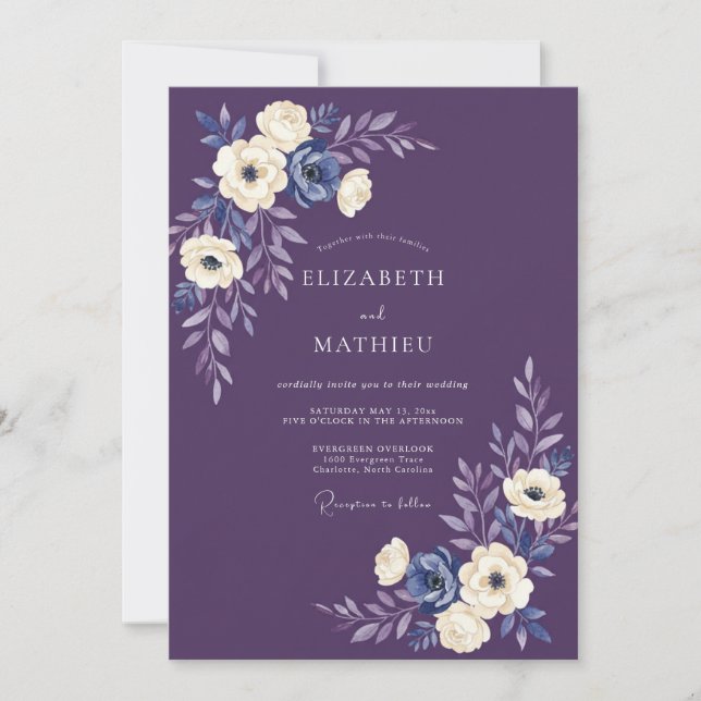Purple Painterly Floral Flourish Wedding Invitation (Front)