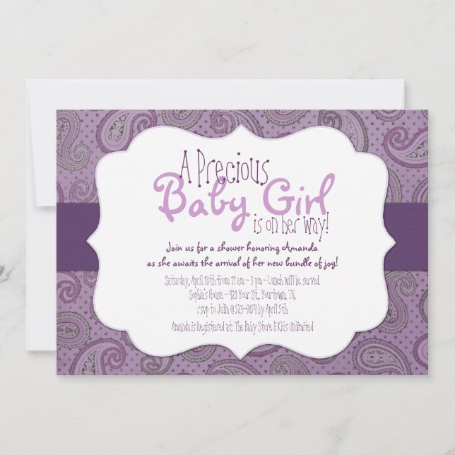 Purple Paisley Baby Girl Shower Invitation (Front)