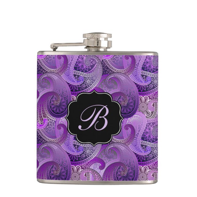 Purple Paisley Damask Pattern with Monogram Hip Flask (Front)