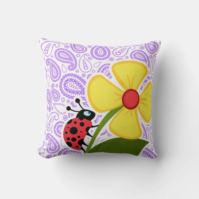 Purple Paisley Pattern; Ladybug Cushion (Front)