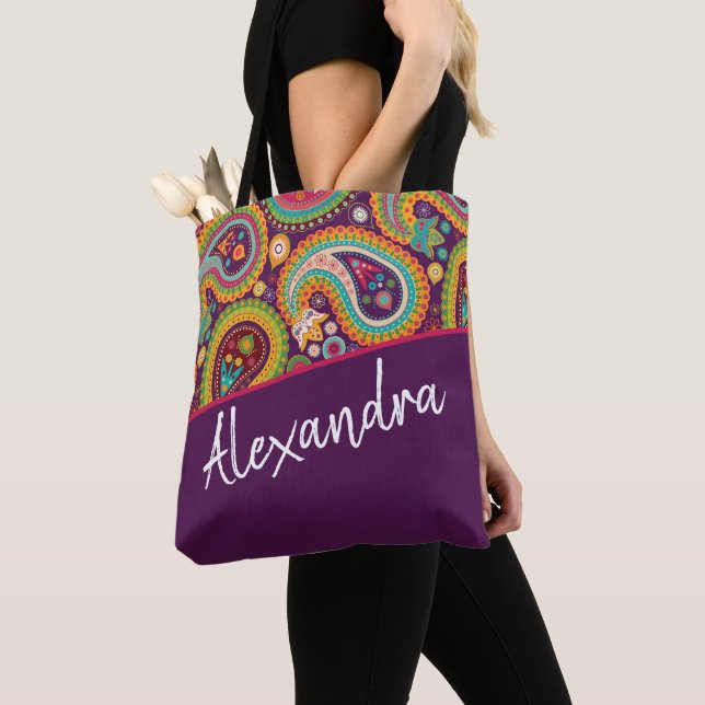 Purple Paisley Pattern Personalised Tote Bag (Close Up)