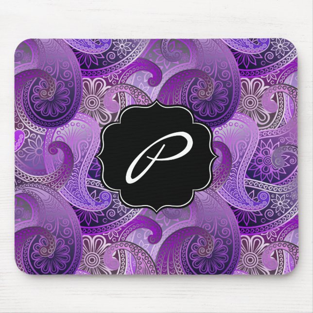 Purple Paisley Pattern with Custom Monogram Mouse Pad (Front)