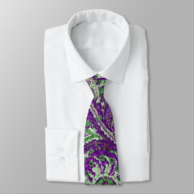 Purple Paisley Peacock Colours Wedding Tie (Tied)