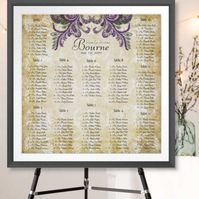 Purple Paisley Peacock Wedding Seating Charts (To see frame and mat pricing,  please choose your options.)