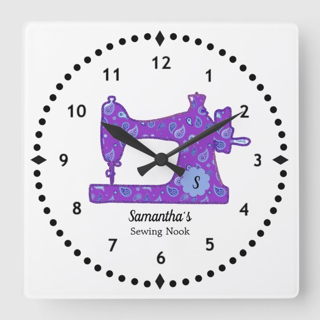 Purple Paisley Sewing Machine Large Clock (Front)
