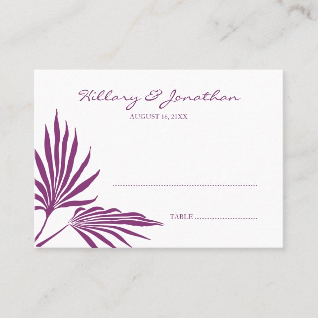 Purple palm leaf wedding escort seating place card (Front)