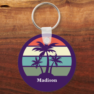 Purple Palm Tree Personalised Beach House Key Ring