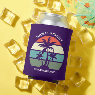 Purple Palm Tree Tropical Island Sunset Beach Luau Can Cooler