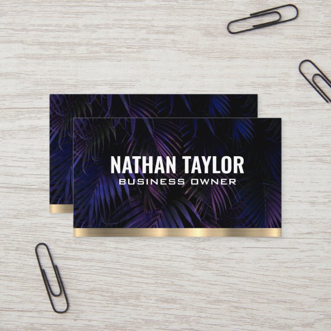 Purple Palms | Gold Metal Trim Business Card (Front/Back In Situ)