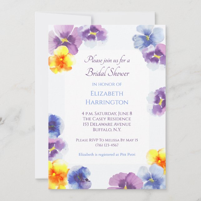 Purple Pansies Boho Hand-Illustrated Bridal Shower Invitation (Front)