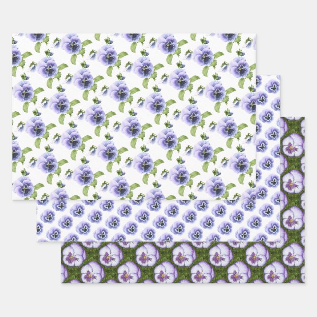 Purple Pansies Botanical Floral Art Wrapping Paper Sheet (Set)