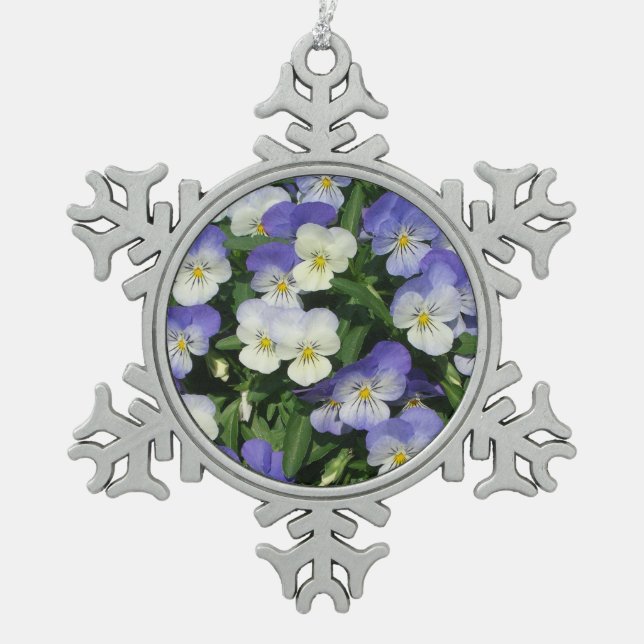 Purple Pansies Garden Floral Snowflake Pewter Christmas Ornament (Front)