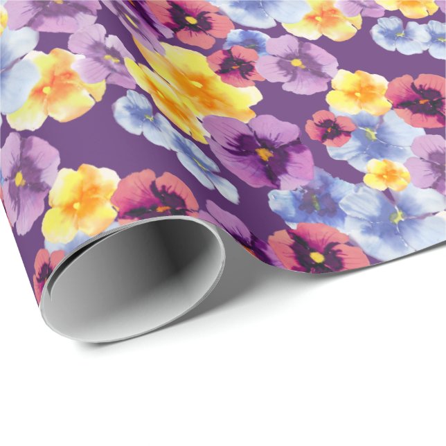 Purple Pansies Hand-Illustrated Boho Floral Wrapping Paper (Roll Corner)