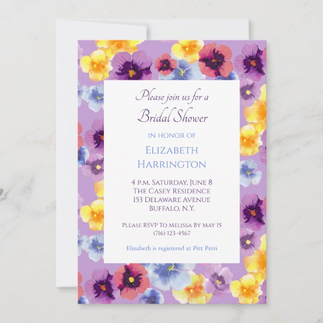 Purple Pansies Lavender Floral Bridal Shower Invitation (Front)