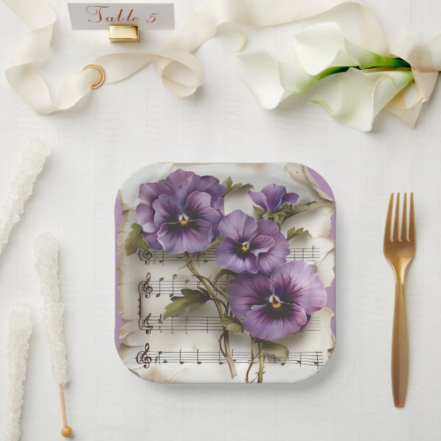 Purple Pansies Music Sheet  Paper Plate (Wedding)