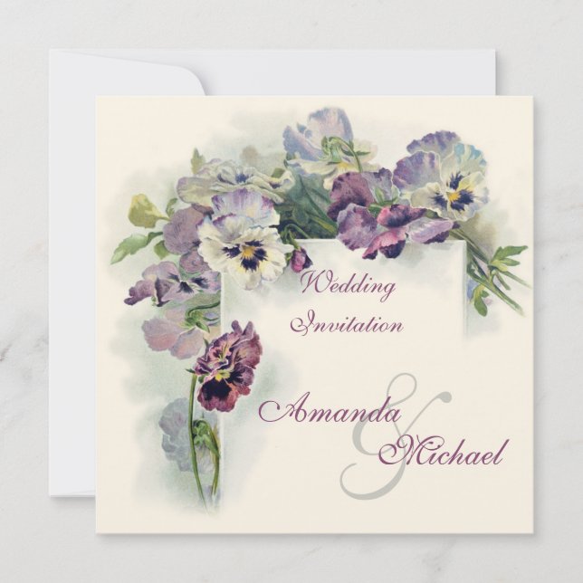 Purple pansies square wedding invitation (Front)