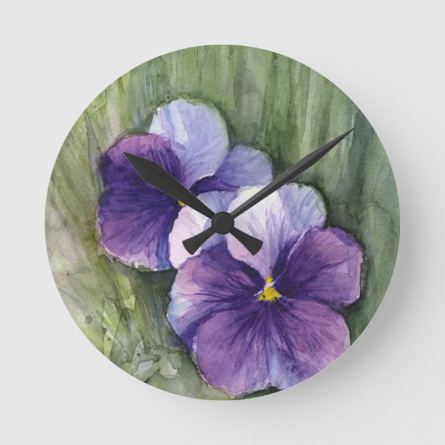 Purple Pansies Viola Watercolor Round Clock (Front)