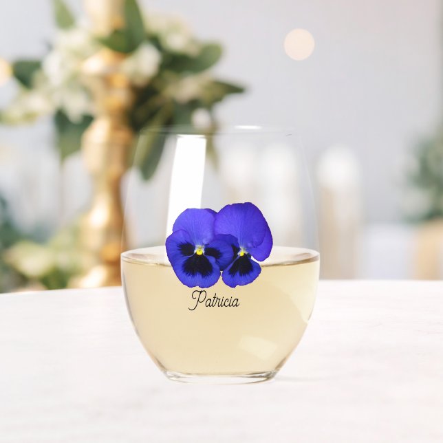 Purple Pansies with Stylised Name Floral Stemless Wine Glass (Insitu (Wedding))