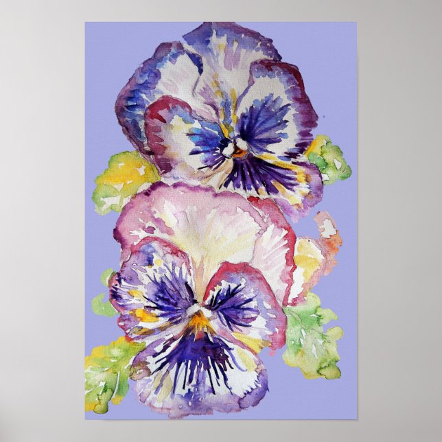 Purple Pansy Art Floral Flowers Watercolour Poster (Front)