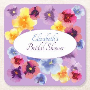 Purple Pansy Boho Floral Bridal Shower Square Paper Coaster