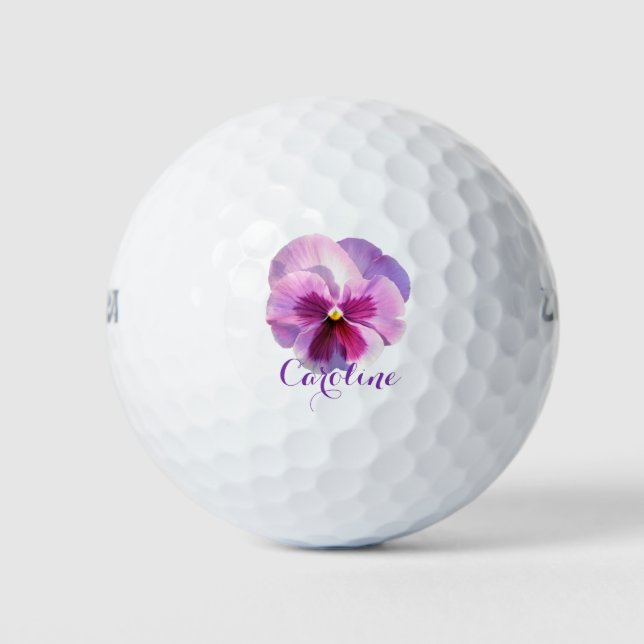 Purple Pansy Custom Name Golf Balls (Front)