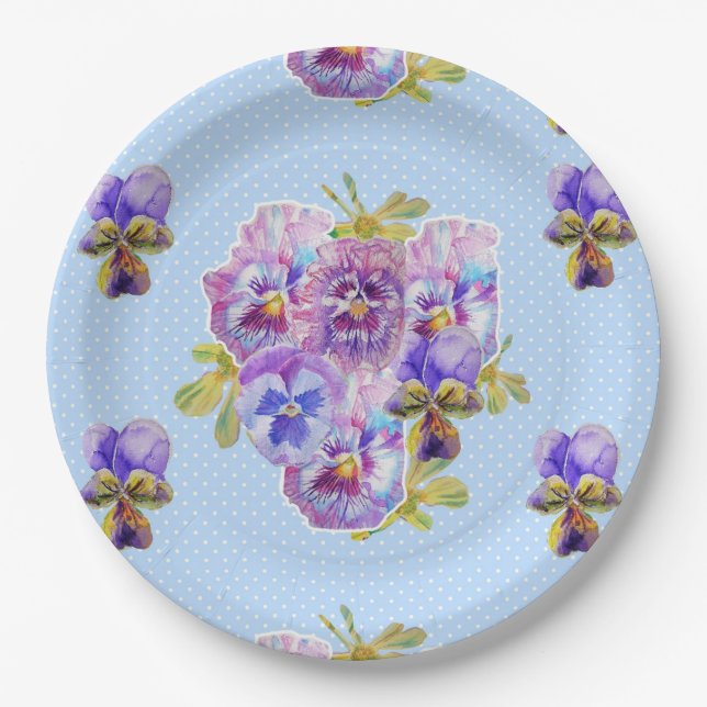 Purple Pansy dot Flowers Pattern Paper Party Plate (Front)