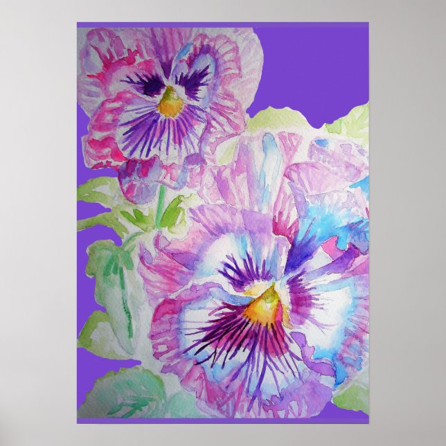 Purple Pansy Floral Flowers Watercolor Poster (Front)